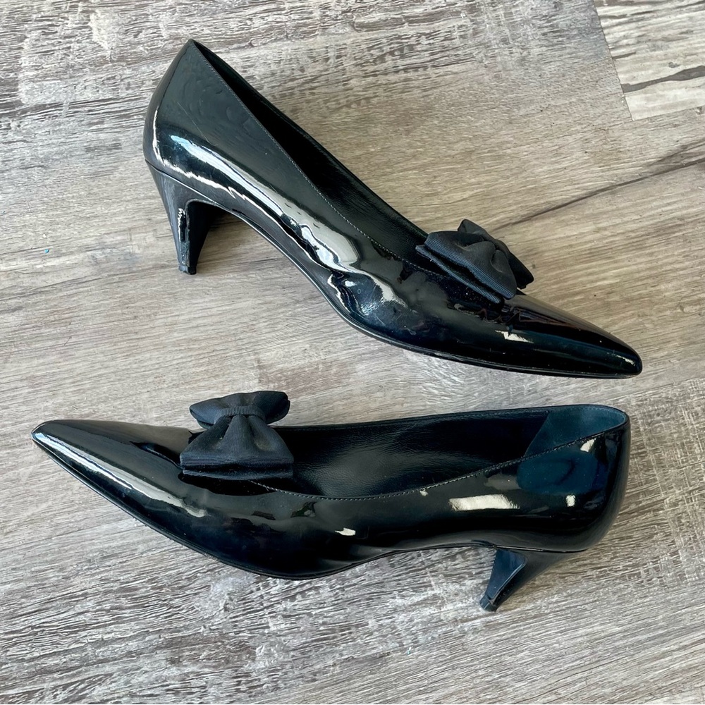 Yves Saint Laurent YSL Black Italian Patent Leather Bow Kitten Heel Size 40 - Picture 11 of 14